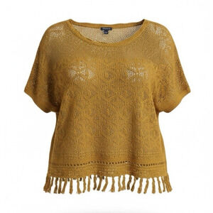 Torrid Crochet Knit Short Sleeve Top Sz 2X Mustard Cotton Fringe Open Knit Layer